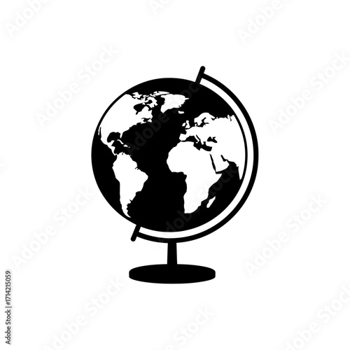 Simple black and white silhouette of a world globe icon.