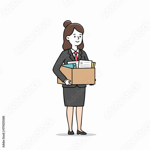 Minimalist Line Art Woman Leaving Job with Cardboard Box Illustration