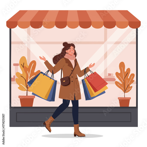 Vibrant 2D flat vector of a joyful young woman carrying shopping bags, walking past a trendy boutique window in a fashionable autumn coat and boots.