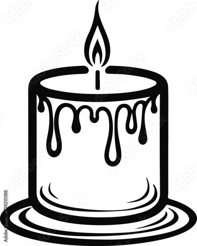 Black bold outline with white background, Outline vector of candle with melting wax, cozy mood