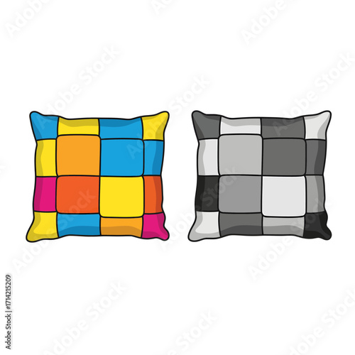 Two Square Pillows with Patchwork Design in Color and Grayscale.