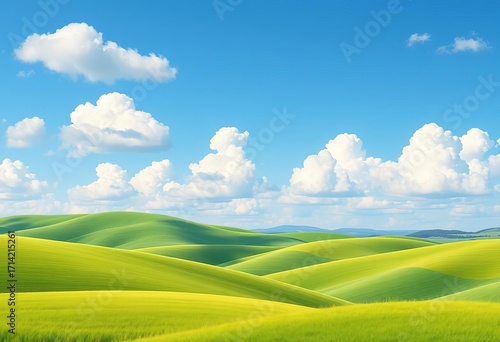 Rolling green hills, blue sky, fluffy white clouds, cartoon style farm, spring, idyllic