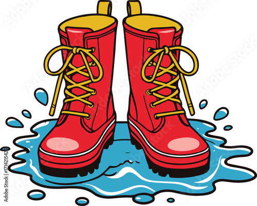 Black bold outline with white background, Outline vector of rain boots with puddle splash, playful style 2