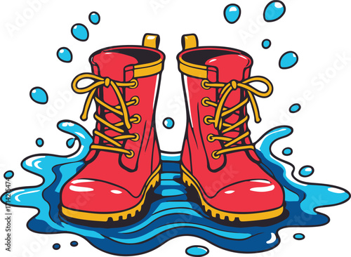 Black bold outline with white background, Outline vector of rain boots with puddle splash, playful style 3