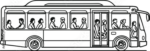 Black bold outline with white background, Simple line drawing of city bus with passengers inside, urban theme 1