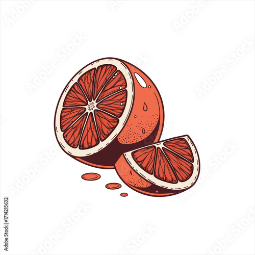 Juicy grapefruit halves and slice with drops
