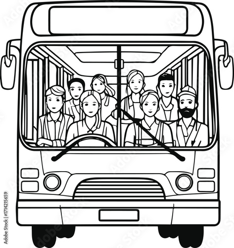 Black bold outline with white background, Simple line drawing of city bus with passengers inside, urban theme 2
