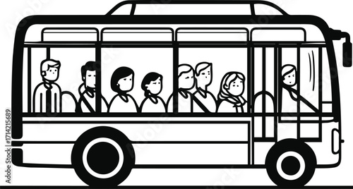 Black bold outline with white background, Simple line drawing of city bus with passengers inside, urban theme