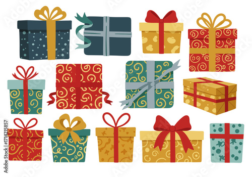 A collection of cartoonstyled gift boxes with ribbons and decorative patterns