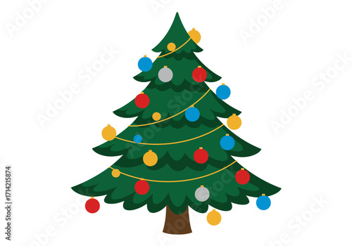 A festive Christmas tree adorned with colorful ornaments and a golden garland