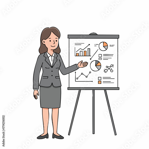 Simple Hand Drawn Woman Presenting Business Data On Flipchart Illustration