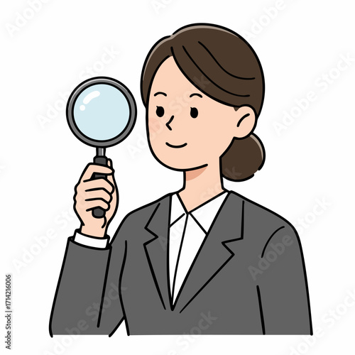 Cute Cartoon Style Businesswoman with Magnifying Glass Investigation Illustration