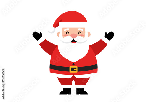 Cartoon Santa Claus with rosy cheeks waving with open arms wearing a red suit and black gloves on a white background