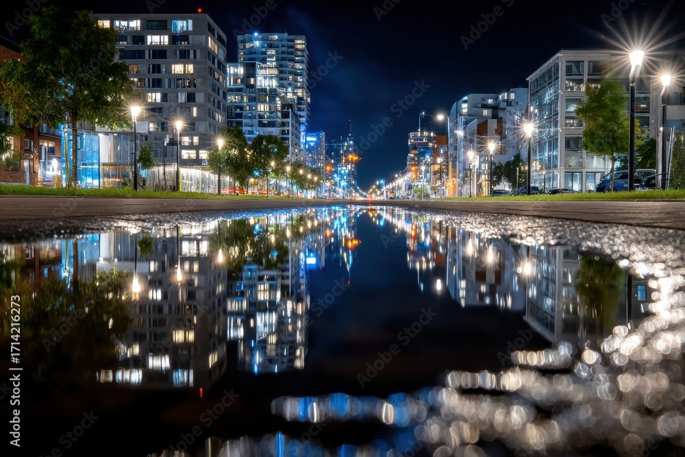 Obraz premium City Street Reflected in Puddle at Night