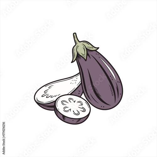 Illustration of whole and sliced eggplants on a white background
