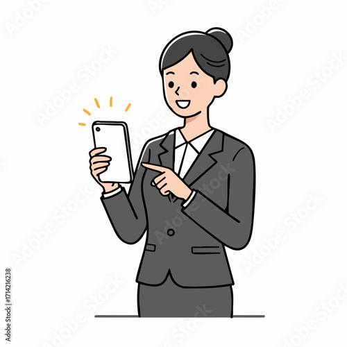 Flat Cartoon Style Businesswoman Holding Smartphone and Touching Screen Illustration