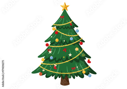 Decorated Christmas tree with golden garland ornaments star topper