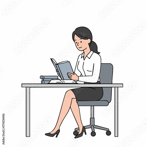 Simple Line Drawing Office Woman Reading Book Illustration Character