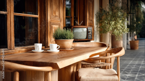 Wallpaper Mural Vintage outdoor cafe wooden table with two coffee cups, potted plant, retro television, cozy autumn morning Torontodigital.ca