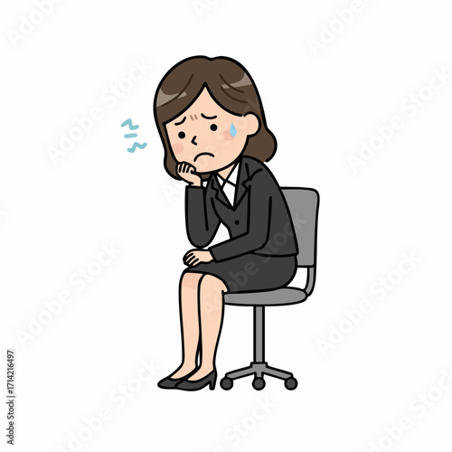 Cartoon Illustration of Stressed Female Office Worker Sitting on Chair