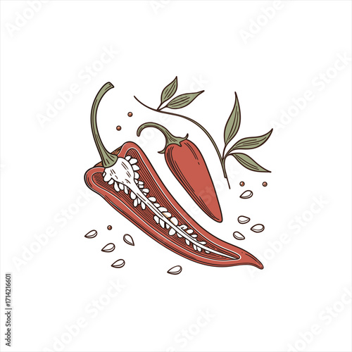 Hand drawn illustration of a red chili pepper cut in half with seeds and leaves