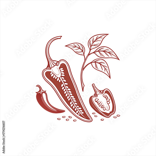 Stylized illustration of red chili peppers and leaves with seeds