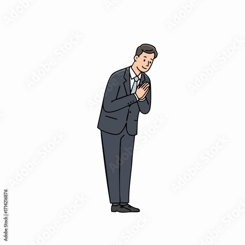 Simple Line Drawing Businessman Showing Gratitude Gesture Cartoon Illustration