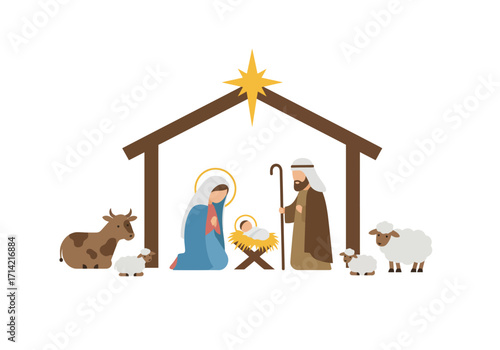 Nativity scene featuring Mary Joseph baby Jesus animals and a star