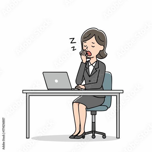 Simple Line Art Businesswoman Yawning at Desk with Laptop Illustration