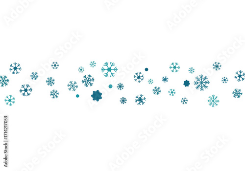 Scattered teal snowflakes of varying sizes and shades on a white background