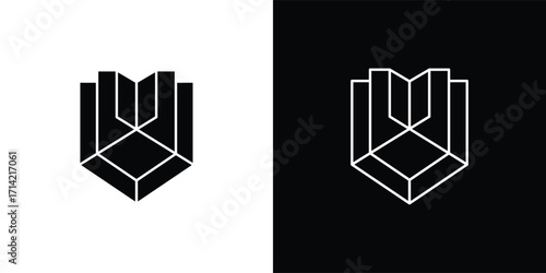 A modern shield-shaped vector illustration icon with a minimalist geometric style. This design features a symmetrical shape resembling a flower or abstract symbol, available in both solid and outline 
