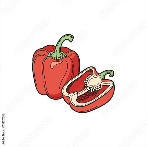 Red bell pepper whole and halved with seeds