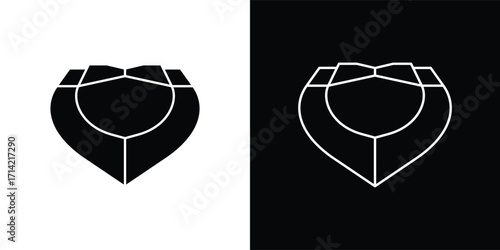 A modern shield-shaped vector illustration icon with a minimalist geometric style. This design features a symmetrical shape resembling a flower or abstract symbol, available in both solid and outline 