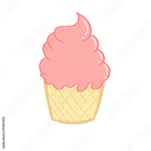 Pink soft serve ice cream vector illustration. Hand drawn sweet strawberry ice cream cone isolated illustration for dessert menus, summer food