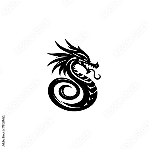 Stylized black dragon silhouette with swirling tail