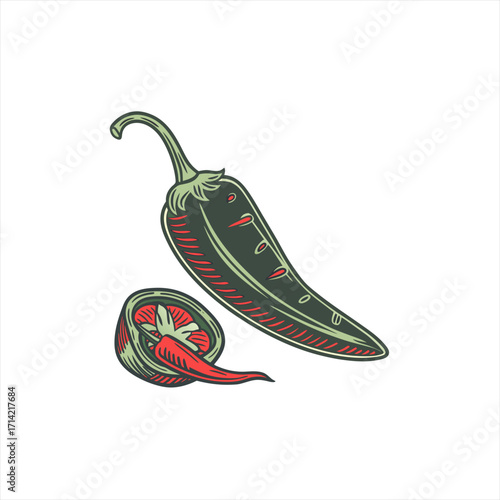 Stylized illustration of a whole chili pepper and a sliced chili pepper