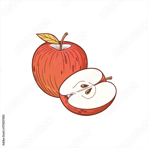Red apple with a slice showing seeds and white flesh