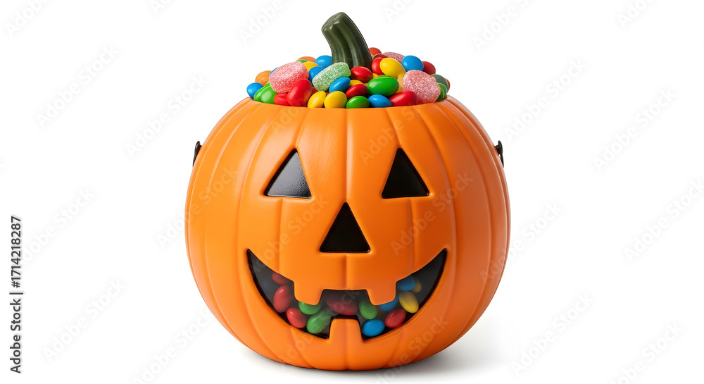 Fototapeta premium Orange jack o lantern bucket overflowing with colorful halloween candy treats
