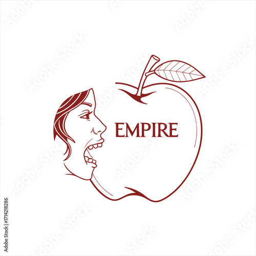 Woman s face emerging from an apple with the word empire