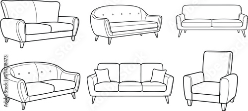 Sofa and armchair furniture outline drawing vector illustration
