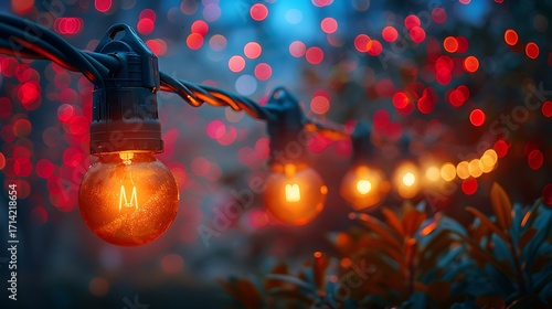 Close up of vintage style string lights with glowing bulbs creating festive ambiance