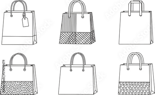 Outline shopping bags collection vector illustration set