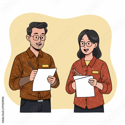 Cartoon Flat Illustration of Two Employees Holding Clipboard and Writing Document