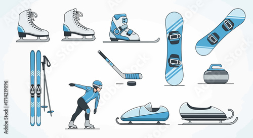 Collection of winter sports equipment and a figure of a winter sports participant.