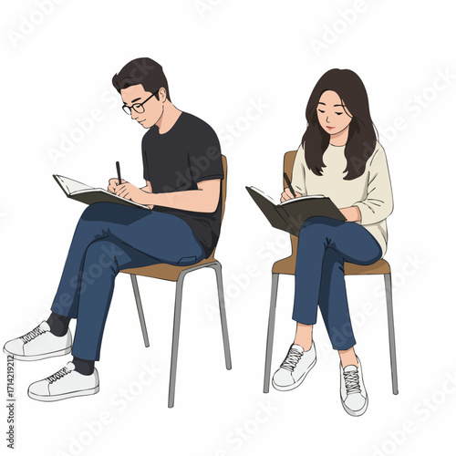 Cartoon Flat Illustration People Sitting Down Drawing in Sketchbook Art Class
