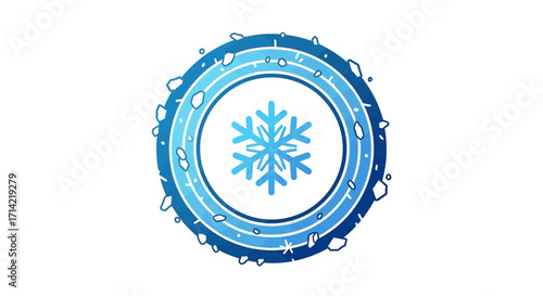 A circular icon featuring a blue snowflake symbol at its center, surrounded by concentric blue rings and a textured outer edge resembling ice or water droplets.