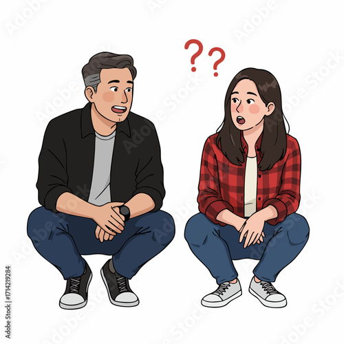 Simple Flat Style Doubtful Couple Sitting Talking Questioning Each Other Illustration
