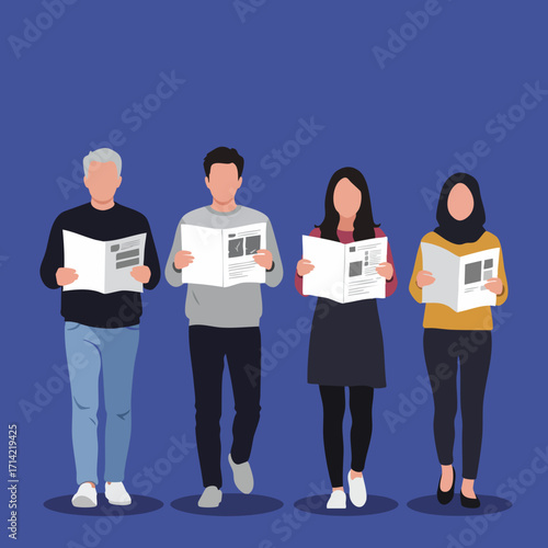 Flat Style Group People Reading Newspaper Walking Together Illustration