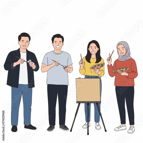 Colorful Flat Illustration Group of People Painting Together with Easel