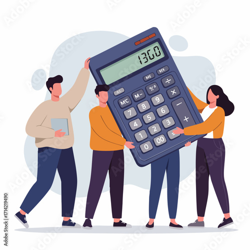 Flat Illustration Diverse Team Collaborating on a Giant Calculator Accounting Finance